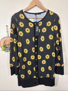Lily by Firmiana Black Sunflower Print Snap Button Cardigan Size S NEW